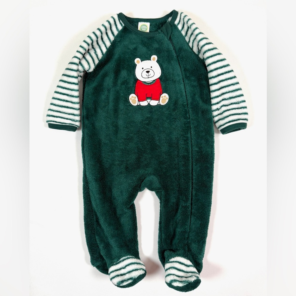 LITTLE ME Green Fleece Bear Footed Sleeper 3M Striped Sleeve Holiday Pajamas